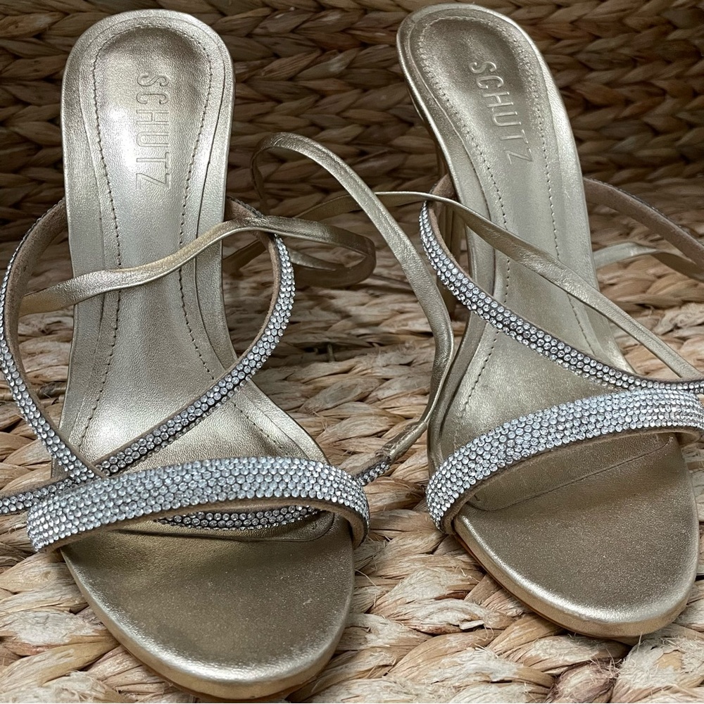Schutz Gold‎ Glam Crystal Heels Leather Womens 7B